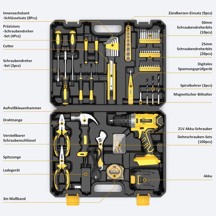 Набір інструментів Sundpey 170 предметів з акумуляторним дрилем-шуруповертом 21V, універсальний для дому, будівельні та ремонтні роботи