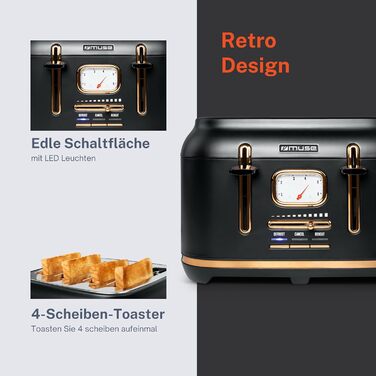Тостер Muse MS-131 BC: 4-х секційний, чорний, ретро дизайн, 6 рівнів підсмажування, з підсвічуванням та крихкозбірником