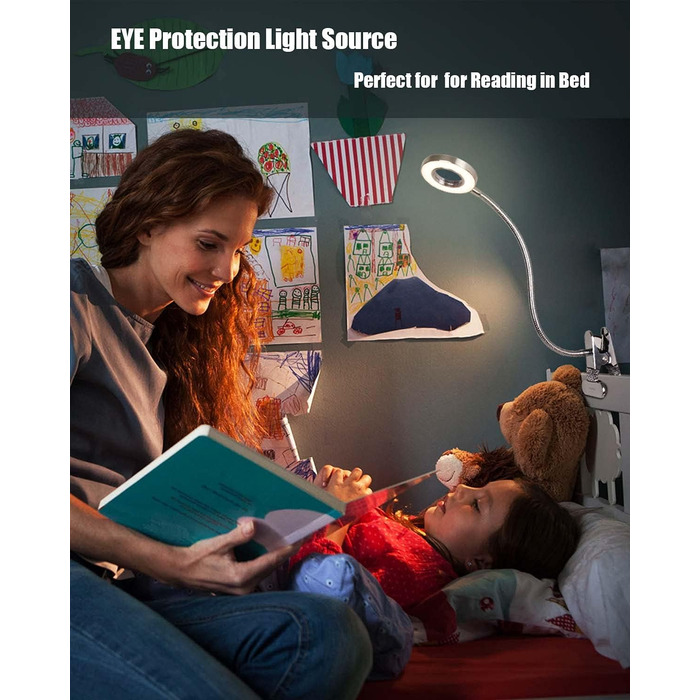 LED лампа для читання з кліпсою, диммер, 3 режими, 10 рівнів яскравості, срібляста, 8W