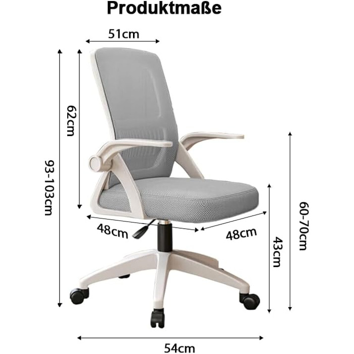 Ергономічне крісло для офісу з сітчастою спинкою, регульованими підлокітниками та підтримкою попереку - для комп'ютера, Home Office (Medium, Сірий)