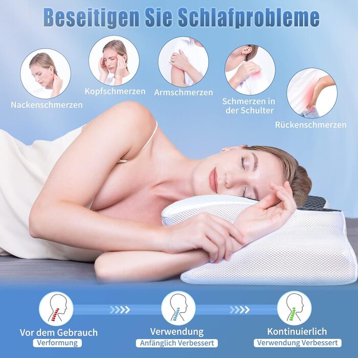Ортопедична подушка для сну SAHEYER, ергономічна memory foam для бокового сну, підтримка шиї, 60x35,5x10/13 см, з чохлом