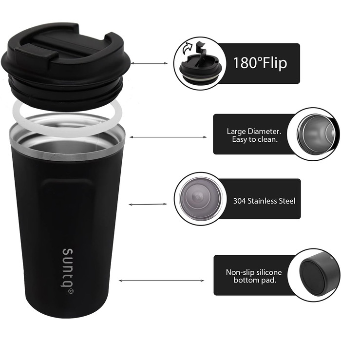 Термокружка для кави з нержавіючої сталі SUNTQ - 510 мл, з подвійними стінками, ізольована, з кришкою, що не протікає, багаторазова (Чорний)