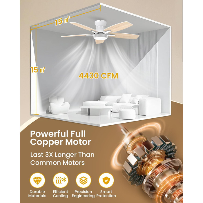 106 см стельовий вентилятор з підсвічуванням та двосторонніми лопатями, тихий вентилятор з LED-лампою та пультом дистанційного керування для спальні/вітальні, DC мотор, колір - світле дерево