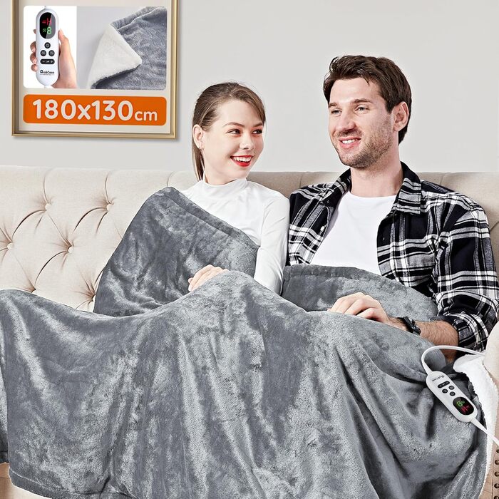 Електрична ковдра Mia&Coco з автовимкненням 180x130 см, 10 рівнів нагріву, таймер 9 годин, захист від перегріву, машинне прання, фланель, для ліжка, дивану та вітальні, сіра 130x180 см