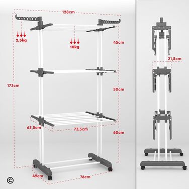 Сушарка для білизни VertiSlim Dry складана, вежа з 4 рівнями, нержавіюча сталь, з колесами та бічними крилами, сіра - для дому та вулиці