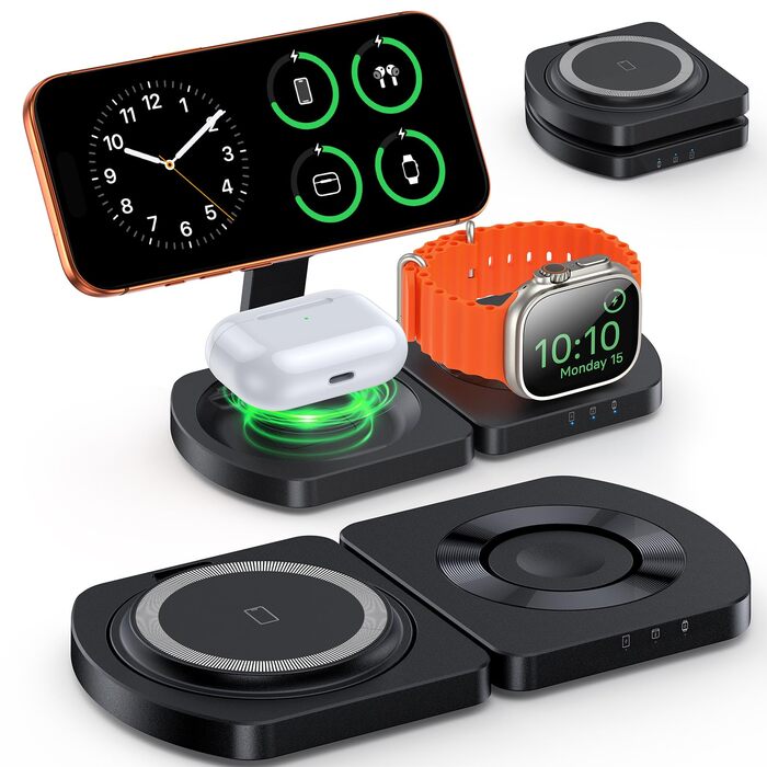 Бездротова зарядка Induktive для iPhone 17 Air/16/15/14/13/12, 3-в-1 з підтримкою MagSafe, Apple Watch та AirPods, чорний матовий