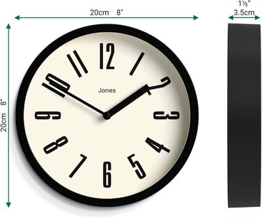 JONES CLOCKS® Hot Tub Wall Clock | Small Retro Round Clock | 20cm | Easy-to-read numbers | Ideal for kitchen, office, kids' room, or any small space (Black)