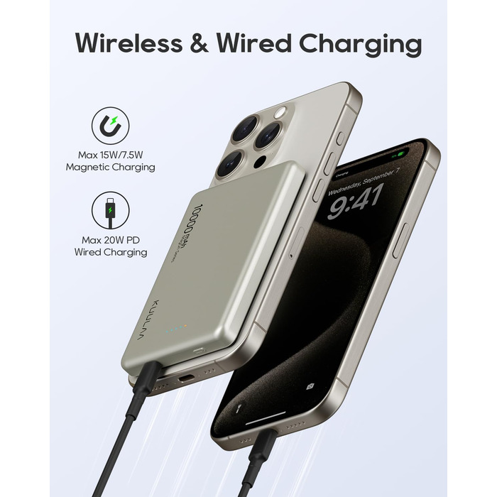 Power Bank Kuulaa MagSafe 10000 mAh, 20W, Тонкий, Магнітний, для iPhone, Space Grey (Natural Titanium)