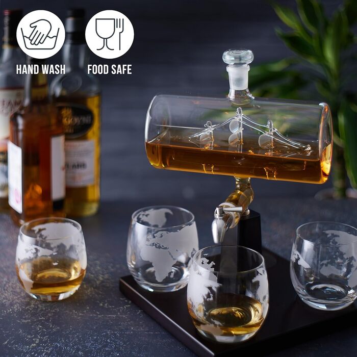 Oak & Steel - Whisky Decanter, Ship Carafe (1000ml) with Stainless Steel Spout & 4 Whisky Glasses - Valentine's Day, Birthday & Father's Day Gift Set for Men