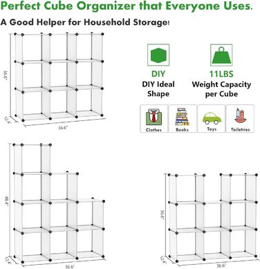 C&AHOME UPCS09M Dice Storage Organizer, 9-Cube Shelves, Closet Organizer, DIY, Plastic, Modular Bookshelf, Ideal for Bedroom, Living Room, Milky White (Transparent White)