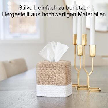 Стильна дерев'яна коробочка для серветок Rarapop – кубічна форма, бавовна, джут, білий колір, декор для ванної кімнати та офісу