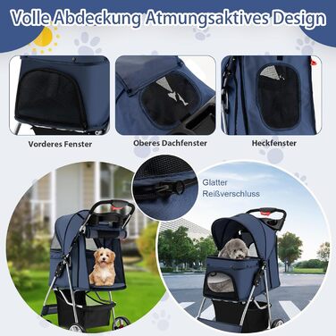 Візок для собак SOARS, до 15 кг, складний, з сітковими віконцями, тримачем для напоїв та кошиком для зберігання, візок для домашніх тварин для маленьких тварин (Темно-синій)