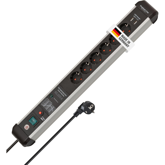 Бренненштуль Premium-Protect-Line Мережевий фільтр 6 виходів з USB та захистом від перенапруги (розподільник з вимикачем, 3м кабель, 2 USB 3.1A, Made in Germany) Сріблястий/чорний