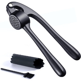 Преміум-прес для часнику з нержавіючої сталі - прес-подрібнювач часнику, подрібнювач та очищувач, набір, стійкий до миття в посудомийній машині та іржі (матова чорна поверхня)