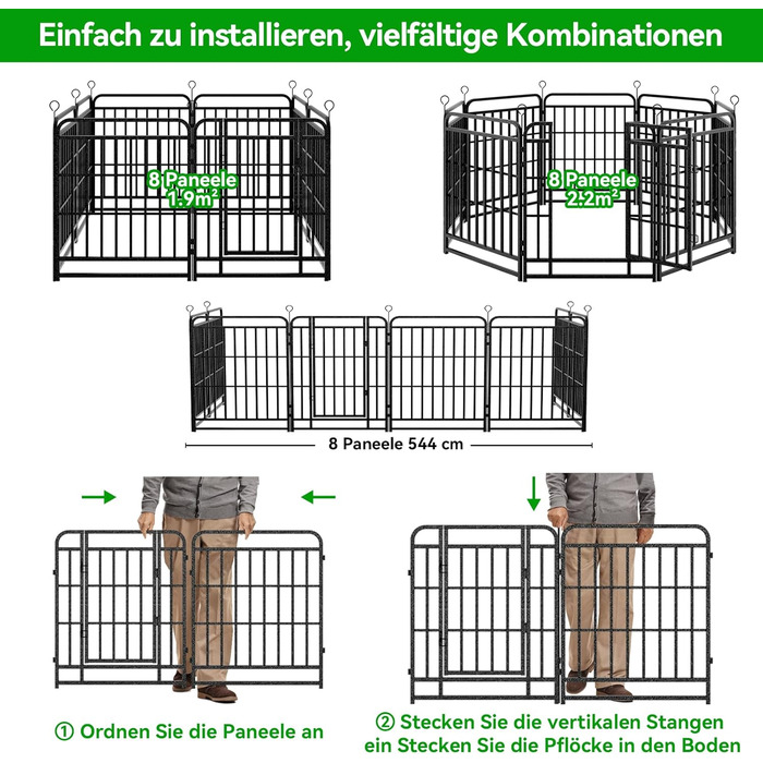 Вольєр для цуценят 544 см, 80 см у висоту, 8-секційний складний вольєр для тварин з дверцятами, вольєр для собак, котів, кроликів, для саду, збірка без інструментів, 8 секцій