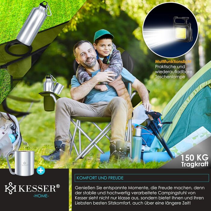 Крісло для кемпінгу KESSER® розкладне, до 150 кг, для риболовлі, з підлокітниками, високою спинкою, пляшкотримачем, світлом, сумкою, бежевий/чорний
