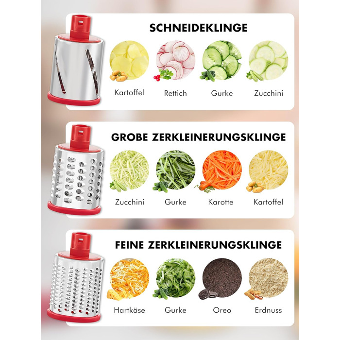 Тертка для сиру GDL з ручкою, оновлена терка для овочів з 5 дисками, терка-нарізач для овочів, зручна та швидка, терка для сиру, морозива, горіхів, огірків, моркви (червона)