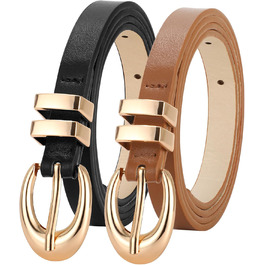 Жіночі шкіряні ремені WERFORU (2 шт.) - тонкі ремені для джинсів, штанів, суконь. Розмір 99-114 см. Золотисті та сріблясті пряжки. Чорний + коричневий кольори