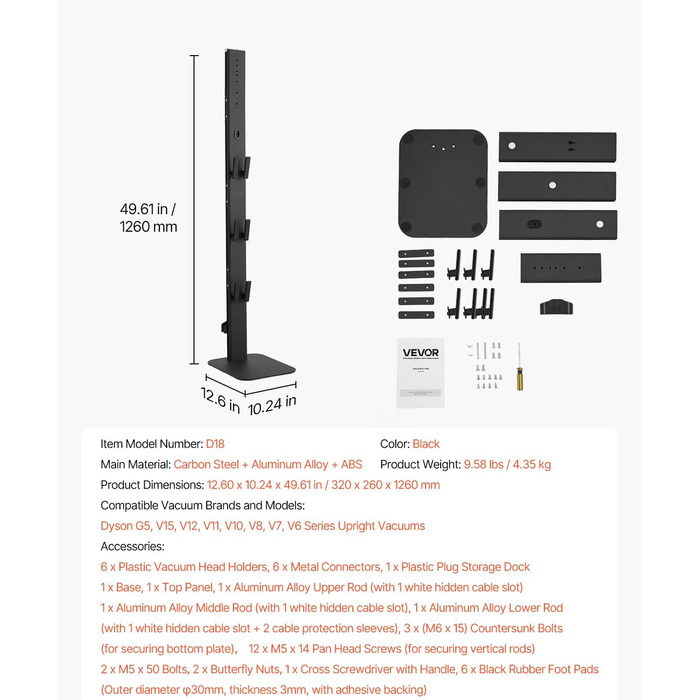 Підставка для пилососа VEVOR 126 см, сумісна з Dyson G5 V15 V12 V11 V10 V8 V7 V6, з аксесуарами, 6 гачків, неслизькі підкладки, срібна (чорна платформа)