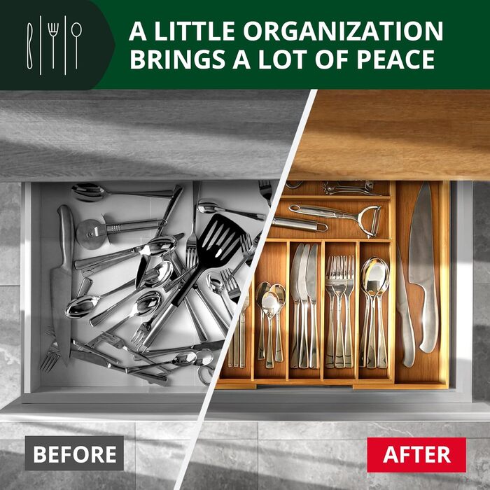 Органайзер для кухонних ящиків з бамбука – тримач для столових приборів та кухонного начиння (9 відділень, натуральний колір)