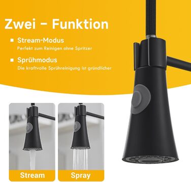 Кухонний змішувач TIMACO з поворотним гусаком 360° та висувною лійкою, чорний, з щіткою з нікелю