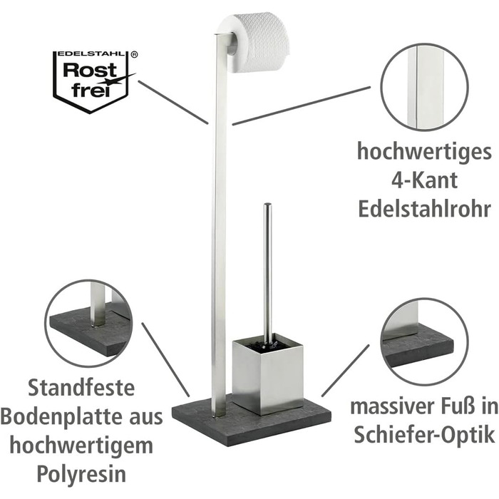 Набір для туалету WENKO Slate-Rock: тримач туалетного паперу та щітка для унітазу, нержавіюча сталь, антрацит, 73.5 x 19.5 x 23 см