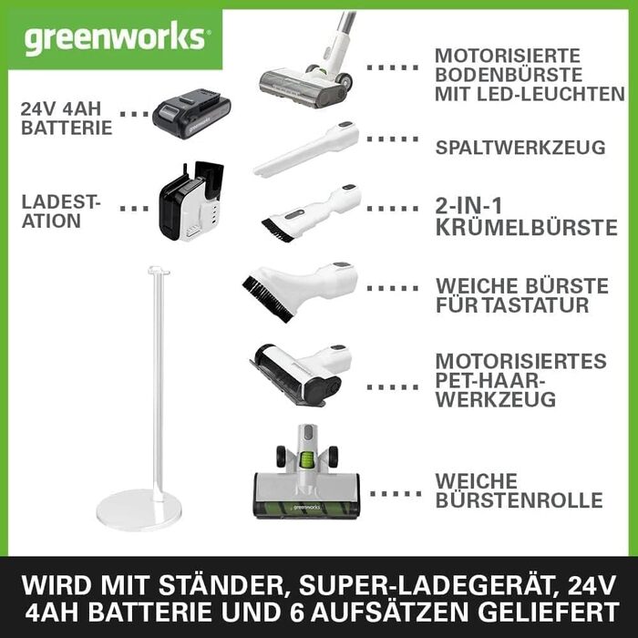 Бездротовий акумуляторний пилосос Greenworks GD24SV 5-в-1, 500W, Hepa-фільтр, насадка для шерсті тварин, 45 хвилин роботи, 3 режими, без акумулятора та зарядки