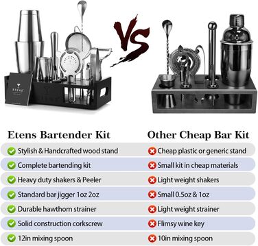 Набір для коктейлів 15 предметів: шейкер бостонський, джигер, сито, відкривачка, ложка для змішування - Барменський набір для приготування коктейлів