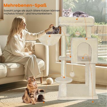 Котячий будиночок з дряпалкою, великі платформи, сизаль, пандус, будиночок для котів, м'ячі та щітка для котів, 95 см, бежевий