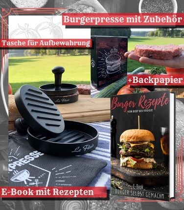 Пресс для бургерів Le Flair® з алюмінію: преміум-якість, з чохлом та 50 аркушами паперу для випікання. Ідеальний подарунок для гриля. Чорний колір.