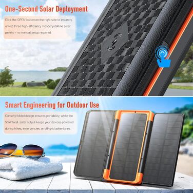 Портативний зарядний пристрій 63200mAh з сонячною панеллю: Power Bank з 3 сонячними панелями, 22.5W USB-C, швидка зарядка, SOS ліхтарик, цифровий дисплей, для кемпінгу, чорно-оранжевий