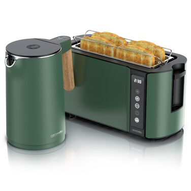 Набір кухонних приладів Arendo: чайник з регулюванням температури та тостер на 4 шматочки з LED-дисплеєм – зелений (Set 1)