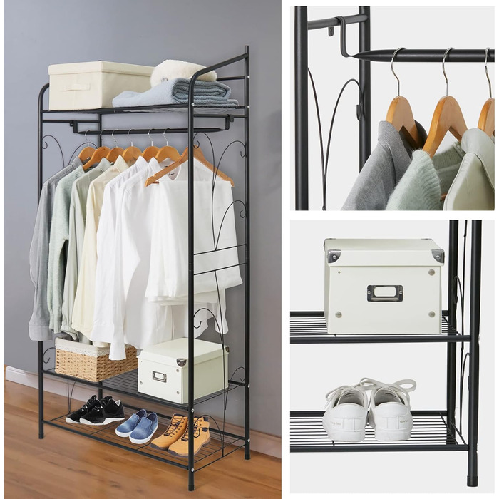 Metal Clothes Rack, Multifunctional Closet with 1 Clothes Rod and 3 Shelves, Coat Rack for Bedroom Dressing Room, 79×36×161cm