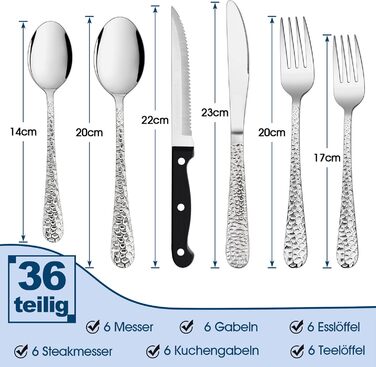 Herogo Cutlery Set, 6 Place Settings, 36-Piece Stainless Steel Cutlery Set with Knife, Fork, Spoon, Steak Knives, Modern Hammered Handle Flatware for Home/Party/Restaurant, Dishwasher Safe, Rustproof