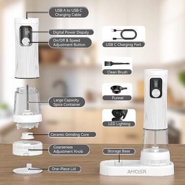 Електрична млин для солі та перцю AMOSA 2-в-1 USB, біла - автоматична, з LED підсвіткою та регулюванням помелу