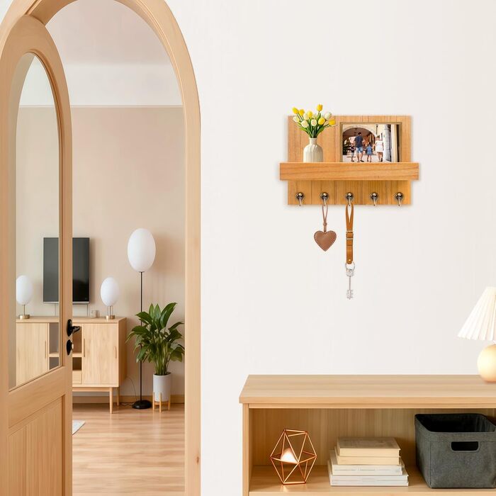 Дерев'яне ключниця з полицею, 5 гачків, для прихожей, вітальні, спальні - жовтий колір