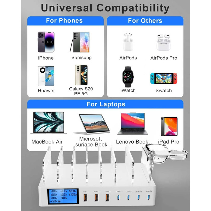 Зарядна станція 245W USB для 7 пристроїв з LCD-дисплеєм, кабелями та тримачем для iWatch, чорна - для iPhone, планшетів та іншої електроніки
