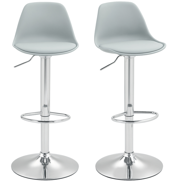 HOMCOM Set of 2 Bar Stools, Upholstered Bar Chair with Steel Frame, Backrest, Height Adjustable Kitchen Stools with Footrest 360° Swivel Counter Stools for Kitchen, Living Room, Dining Room, Faux Leather Grey | Aosom