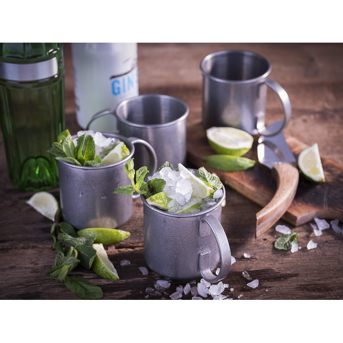 Moscow Mule 2 x 500 ml Cocktail Glasses, 27 cm Bar Spoon, 5cl Jigger & Black Lime Squeezer, Food-Grade, Cocktail Glass Set including Gift Box, (Antique Stainless Steel, 4 Piece (1 Pack))