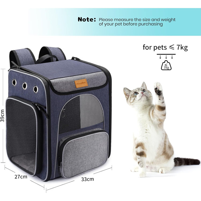 Рюкзак-переноска для котів та маленьких собак Morpilot, 7 кг, блакитно-сірий, 33л