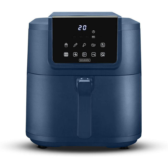 Фритюрниця повітряна BOURGINI з керамічним покриттям, 8 л, блакитна. Безпечна для здоров'я, не містить шкідливих речовин (PFAS, C6, PFHxA, PTFE, PFOA та BPA). Компактний формат.