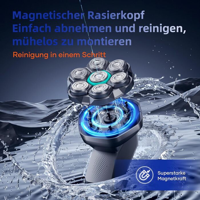 Машинка для гоління голови чоловіча Kensen 7D водонепроникна, з магнітною насадкою, Type-C, 8100/8600 об/хв, сіра