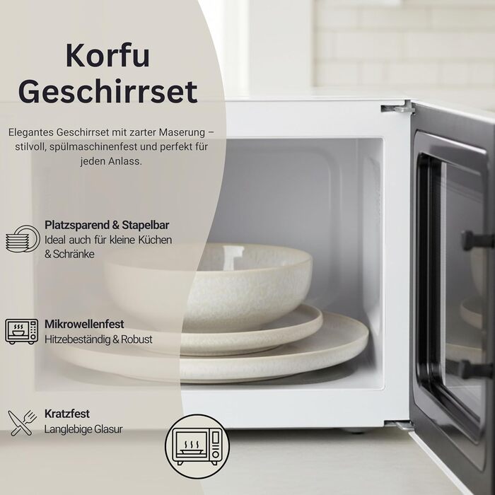 Набір посуду SÄNGER Korfu 24 елементи: сервіз на 8 осіб, керамічний посуд ручної роботи, тарілки (великі, десертні, глибокі), кремовий колір з пісочною текстурою