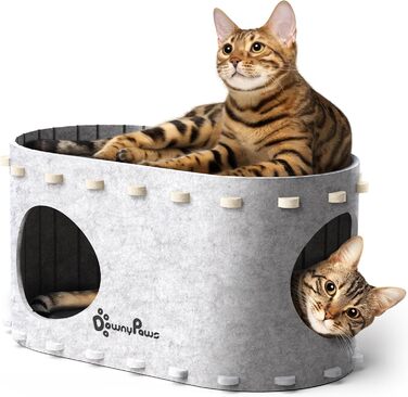 Будиночок-печеринка для котів DownyPaws з фетру, 2-ярусне ліжко для котів, 50 x 33 x 50 см. Затишний дизайн, захист кігтів, (одиночний, білий)