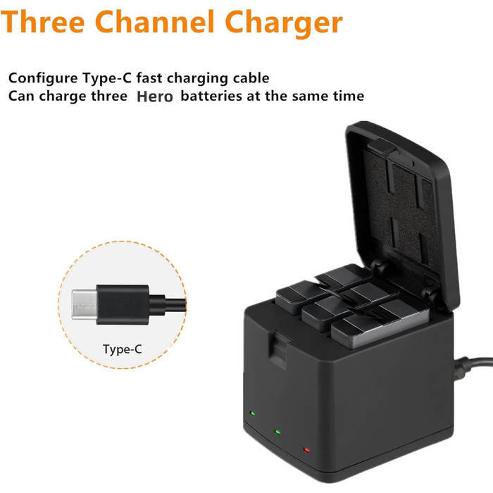Зарядний комплект Vemico Hero 7/6/5: 3 акумулятори 1500mAh, зарядний пристрій з LED, Type-C, сумісний з Hero 7/6/5/2018, AHDBT-501