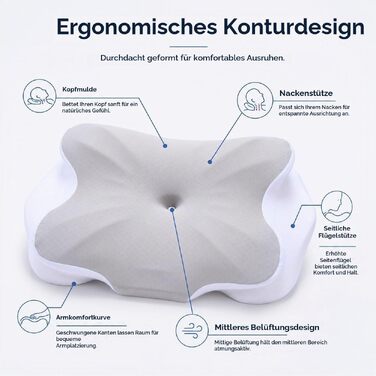 Ергономічна подушка з ефектом пам'яті (Memory Foam) для підтримки шиї та голови, універсальна для всіх поз сну, сіро-біла