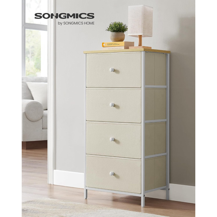 SONGMICS Chest of Drawers, Storage Cabinet with 4 Fabric Drawers, Metal Frame, Tall and Narrow, White-Oak Finish LTS314W57 (Camel Yellow + Cream White, 30W x 45D x 91.7H cm (4 Drawers))
