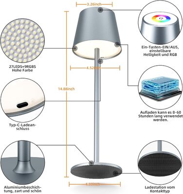 Keepoo Бездротова LED лампа настільна з регулюванням яскравості, акумуляторна, тепле світло 3000K+RGB, водонепроникна (IP54), для дому та вулиці (1 шт.)