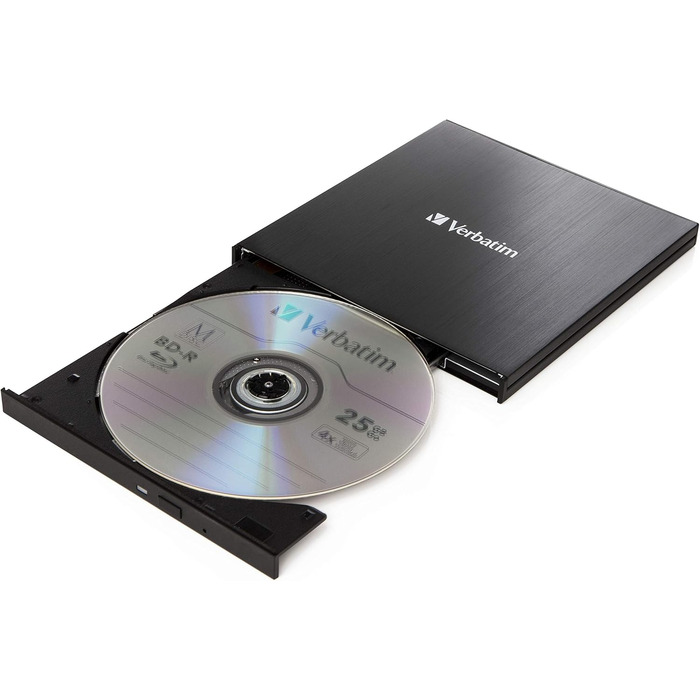 Зовнішній тонкий Blu-ray привід Verbatim Ultra HD 4K Slimline Writer з USB-C, підтримкою BDXL, M-Disc, DVD та CD, чорний