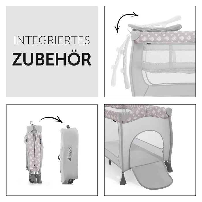 Hauck Travel Crib Sleep N Play Center with Newborn Nest, Changing Pad, Carry Bag, Wheels, Canopy, Compact Folding, Baby Travel Bed for Infants from Birth up to 15 kg (Teddy Grey)